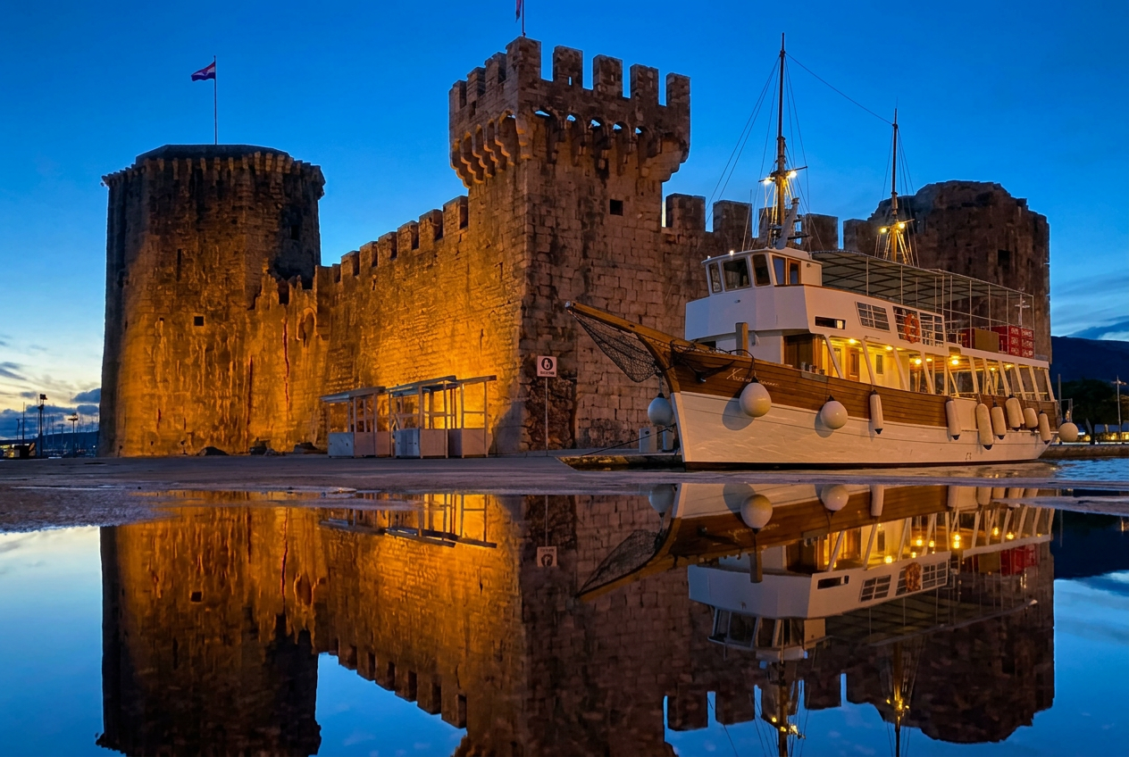 Kamerlengo wooden boat reflecting on calm sea in Trogir